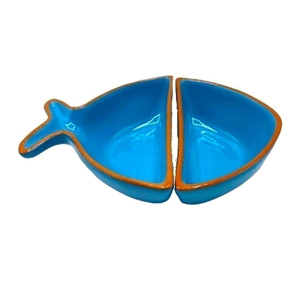 Terracotta Pottery Made in Portugal Blue Fish Glazed Divided Dishes Snack bowl.